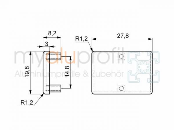 Angled cover cap 20x20 Gray ZN Groove 5 I-type